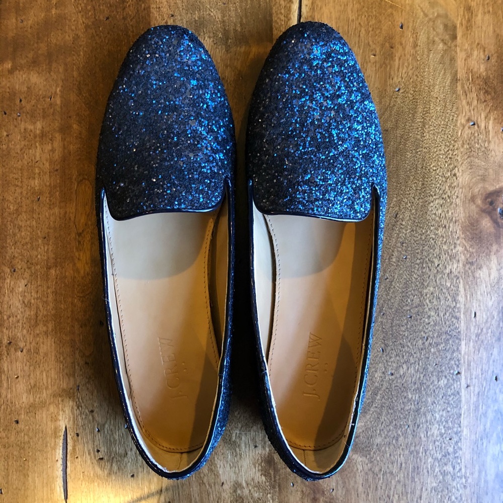 J Crew Addie Glitter Loafers Navy Sz 9